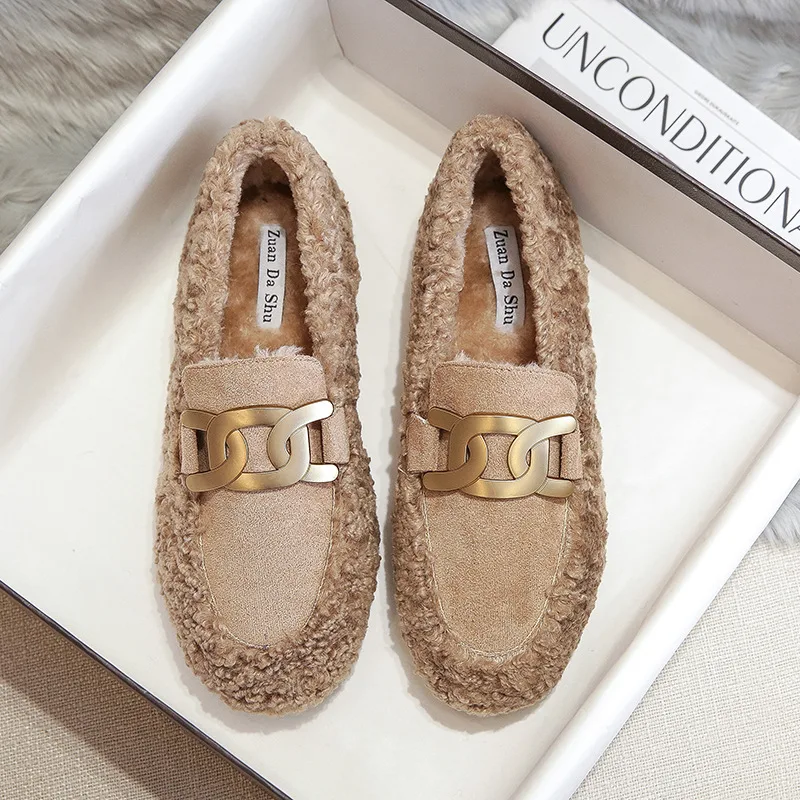 

Women Lambswool Plush Cotton Fur Flats Boots Winter Brand Chain Loafers Femme Comfy Moccasin Pregnant Big Size 41/42 Shoes