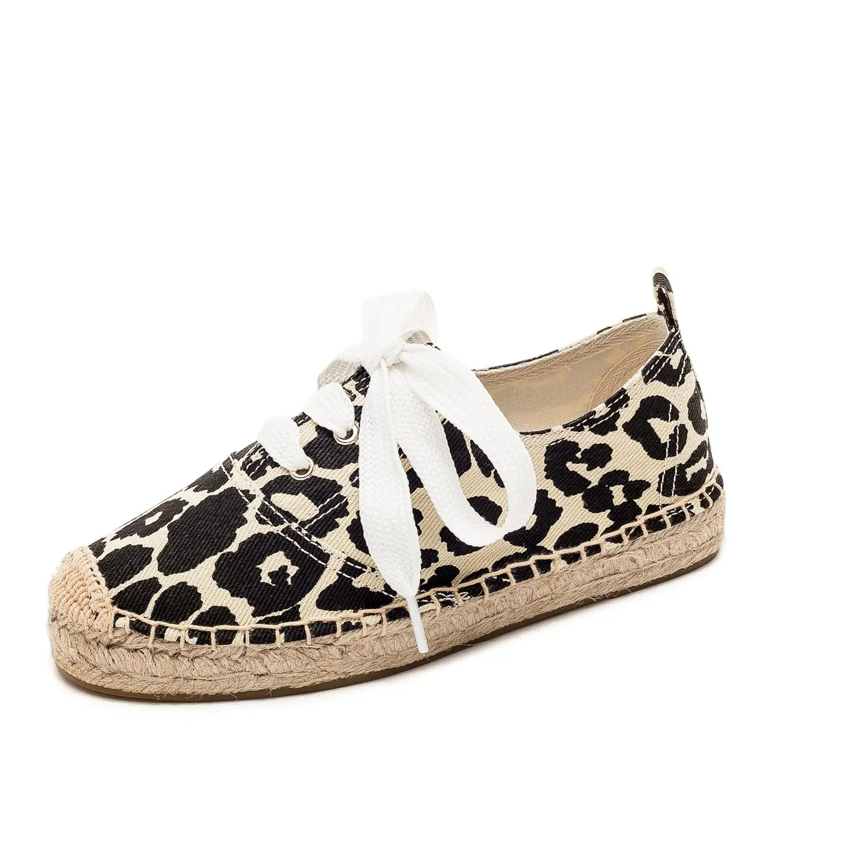 Коровьей с животным узором на весну и лето 2021 соломенная плетеная обувь на плоской платформе с толстой подошвой; Повседневная парусиновая обувь с круглый носок