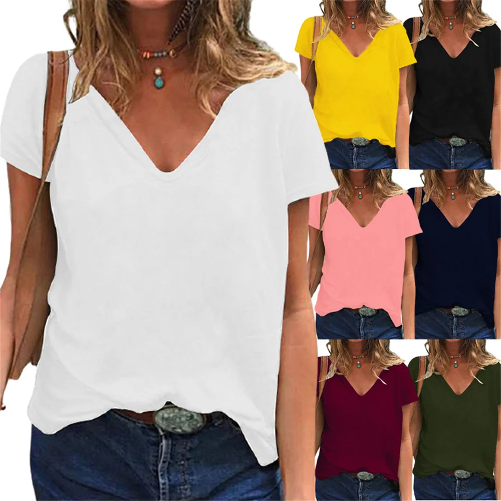 

Solid Colour T Shirt For Womens Black White V-neck Tops Tees New In Outdoor Summer Women T-shirt Casual Loose Woman Clothing Y2k