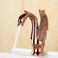polished rose gold copper carved art animal swan style bathroom sink basin mixer tap faucet one hole single handle mnf180