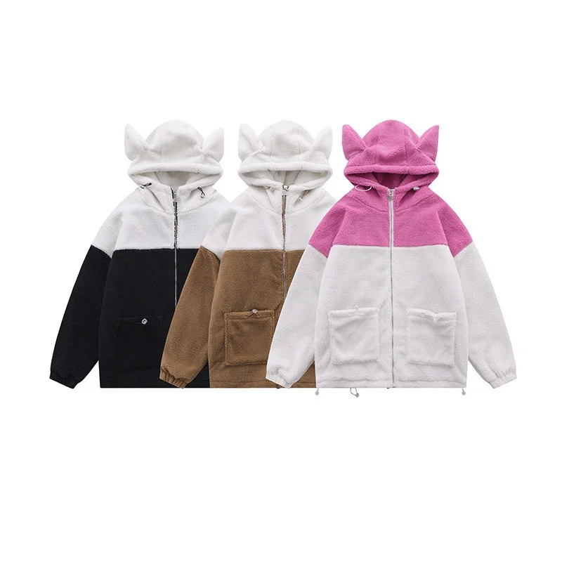 Rainbowtouches Winter Thicken Fleece Men Women Parkas Warm Jacket New Streetwear Fashion Patchwork Thermal Rabit Ear Hooded Coat
