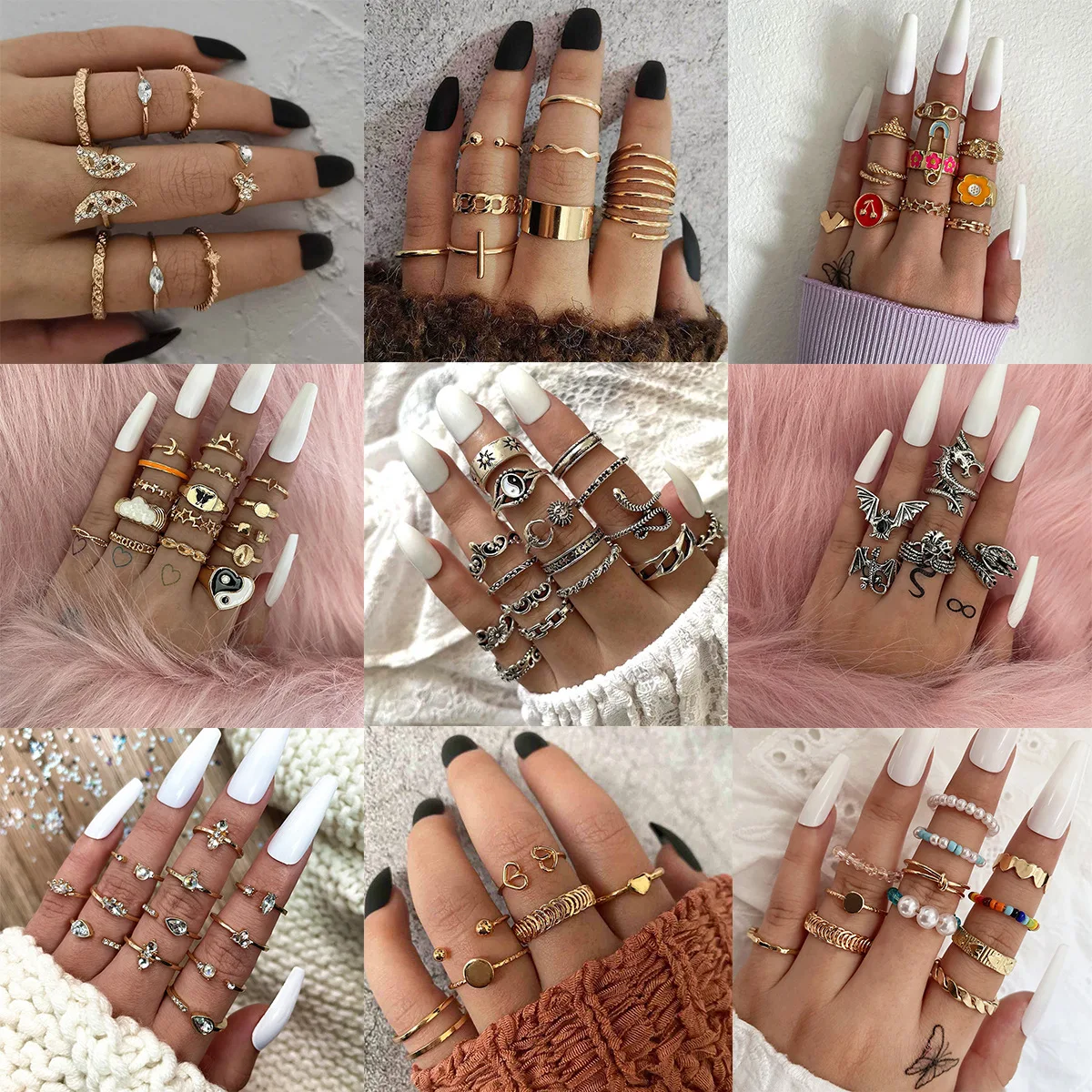 

New gossip snake leaf ring flower love butterfly pearl chain joint ring set wholesale rings for women