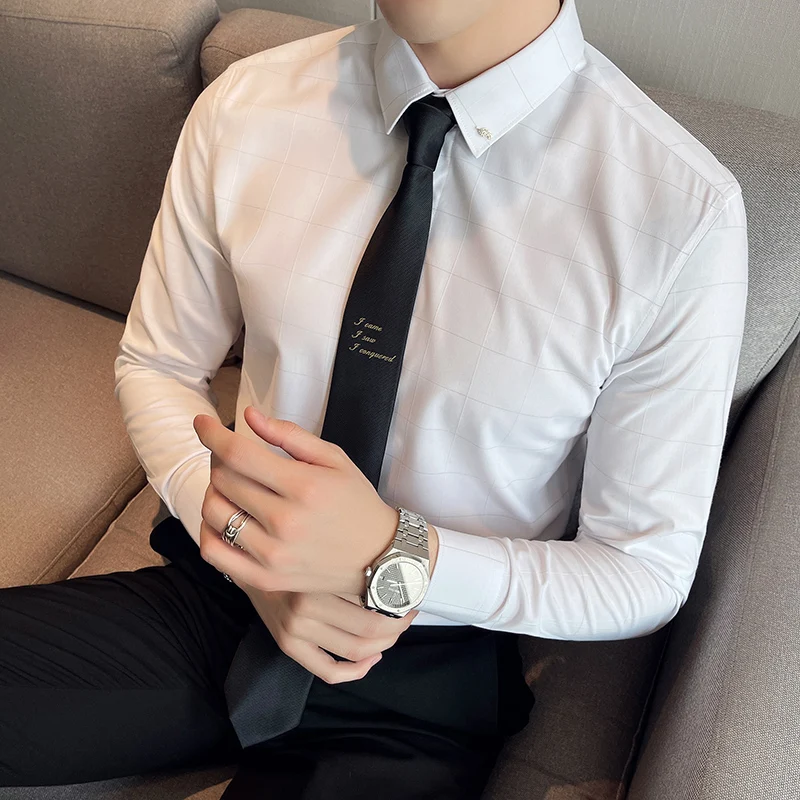 Brand Plaid Men's Long-sleeved Slim Fit Shirt 2021 Autumn Casual Handsome Cotton Men's White Shirt for Male Business Dress Tops