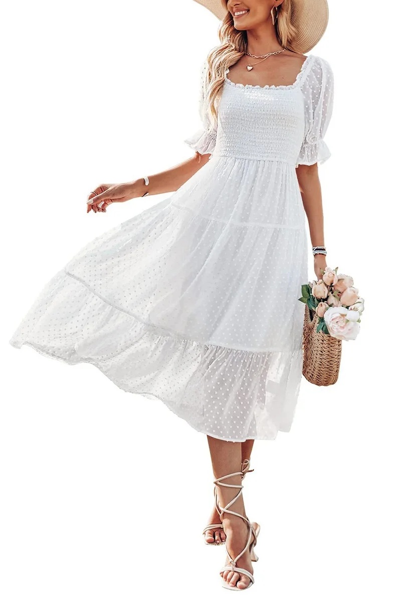 

White Chiffon jacquard Dot Casual Dresses Summer Backless Women Square Neck A line Hem Ruffle Short Sleeve Swiss Dots Midi Dress