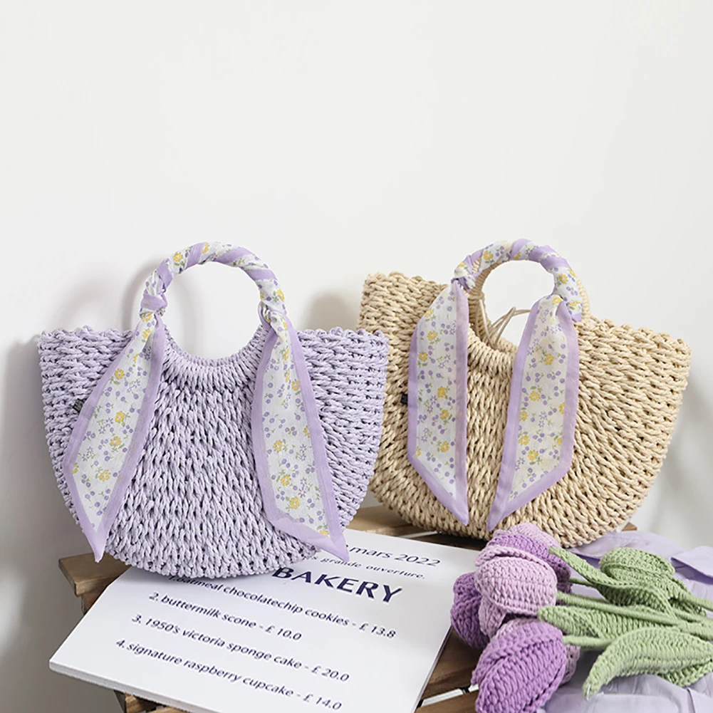 

Women Straw Woven Shoulder Bag Portable Female Summer Beach Tote with Silk Scarf Casual Holiday Handbag for Shopping