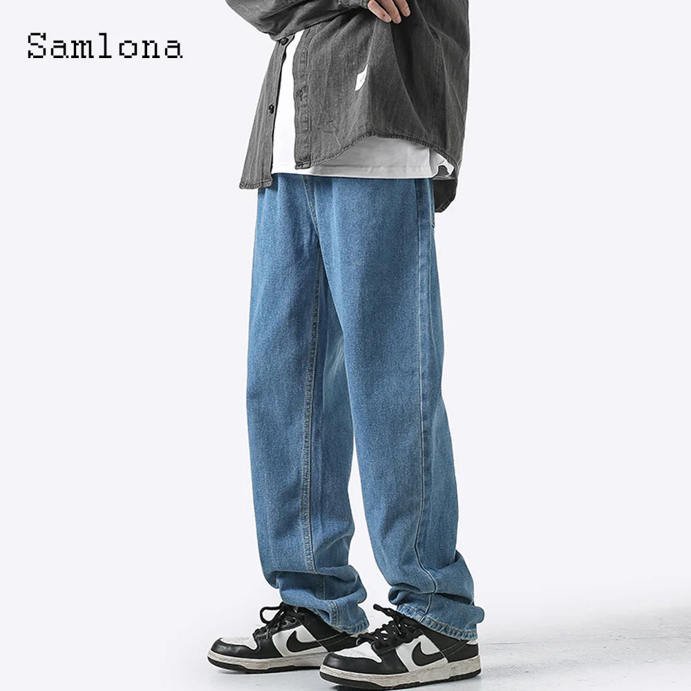 Samlona 2022 Men straight leg jeans denim pant korean fashion zipper pocket demin pants sexy mens clothing ropa hombre trousers