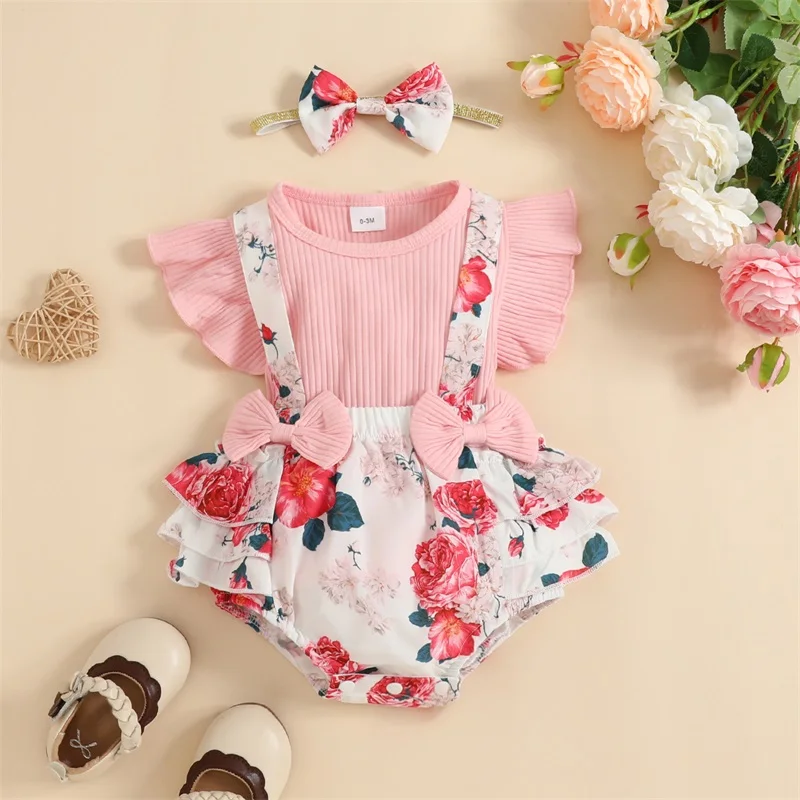 

2023-02-10 Lioraitiin 0-12M Infant Newborn Baby Girls 2Pcs Shorts Set Fly Sleeve T-shirt Flower Print Suspender Shorts Headband