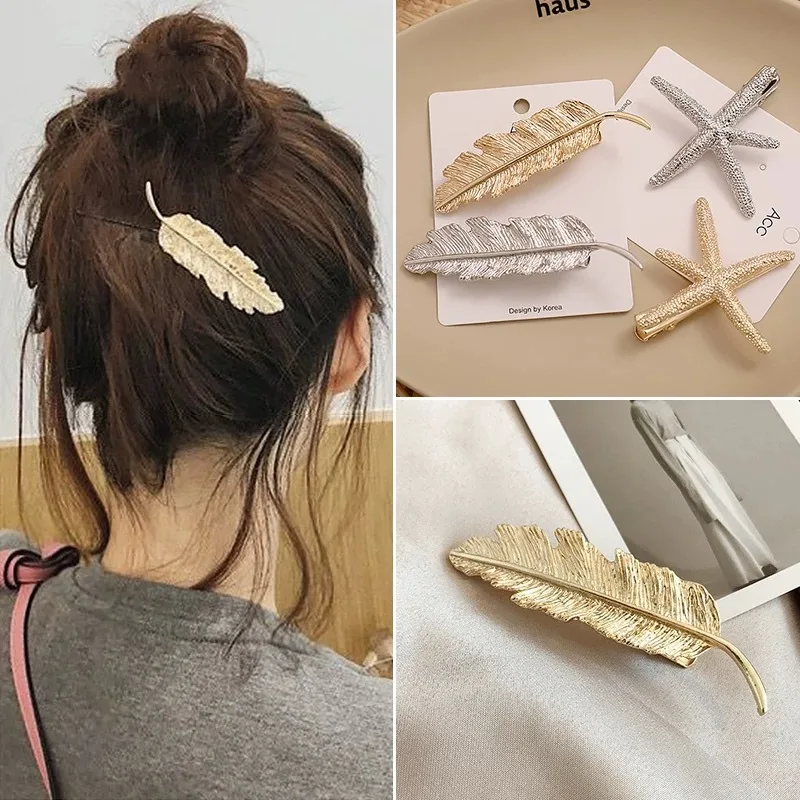 

Simple Metal Starfish Leaf Shape Hair Clip Women Gold Sliver Color Bangclip Duck Bill Side Barrettes Girls Hairpin Hair Jewelry