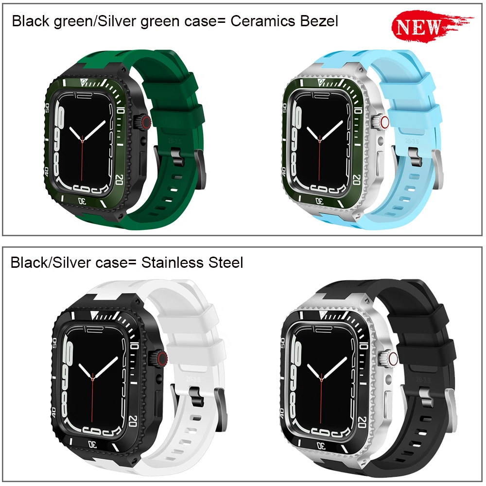 Stainless Steel Bezel Silicone Strap for Apple Watch Band 44 45MM Mod Kit Luxury Protective Case for IWatch Series 8 7 SE 6 5 4