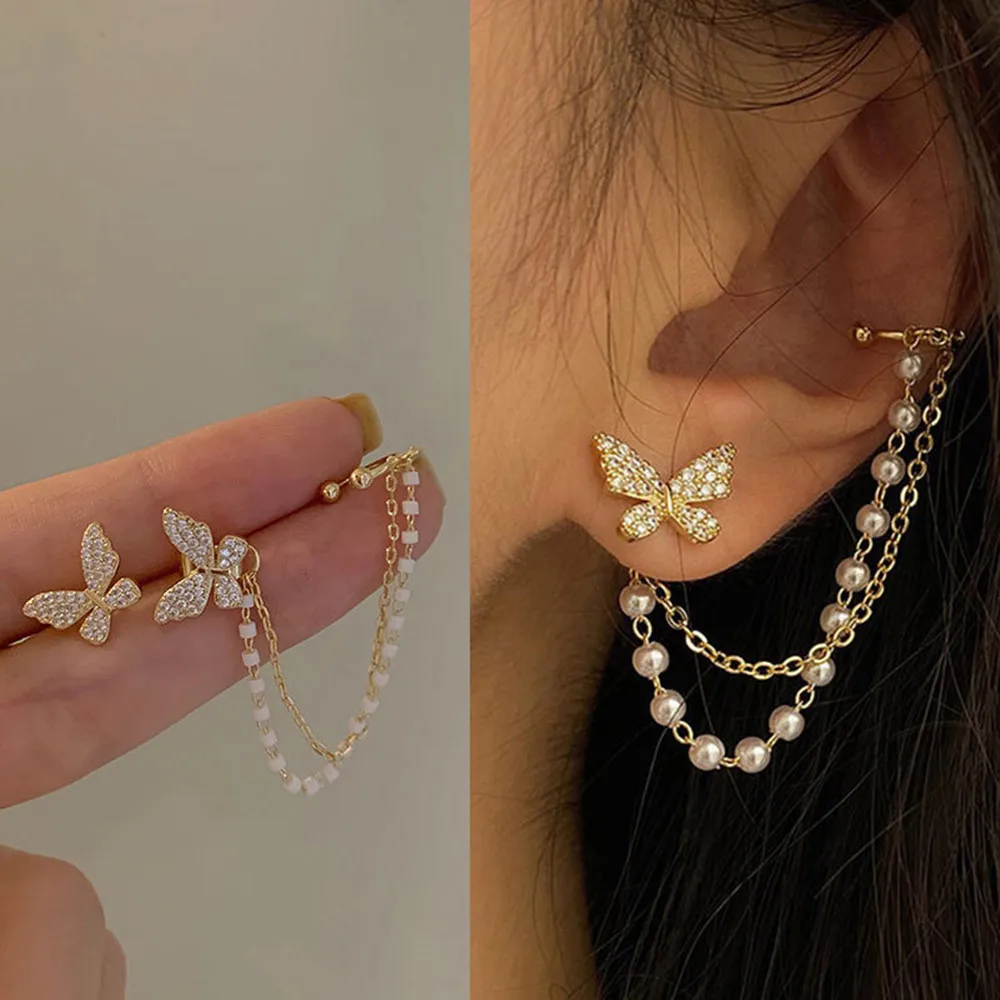 

2022 Korean Elegant Cute Rhinestone Butterfly Stud Earrings For Women Girls Fashion Metal Chain Wedding Jewelry Birthday Gifts