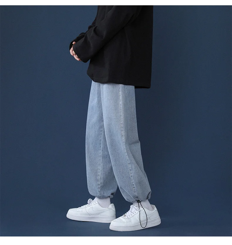Drawstring Jeans Men's Korean Style Trendy Loose Casual Denim Trousers Fashion Streetwear Male High-quality Brand Pants