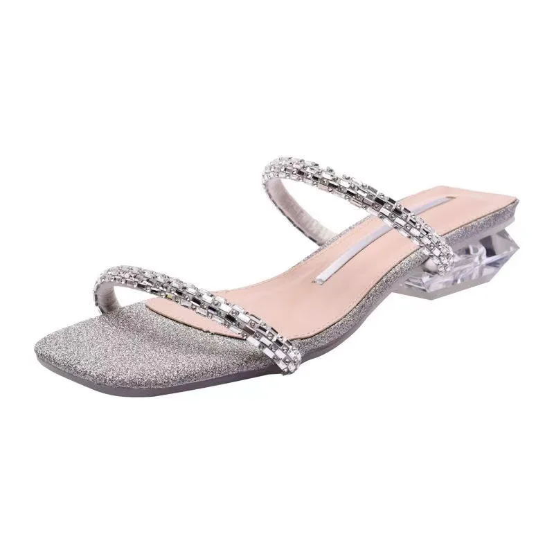 Women's Shoes Summer Outer Wear Thick Heels Low Heeled Sandals Diamond Studded Women's Slippers Fairy Open Toe Sandals
