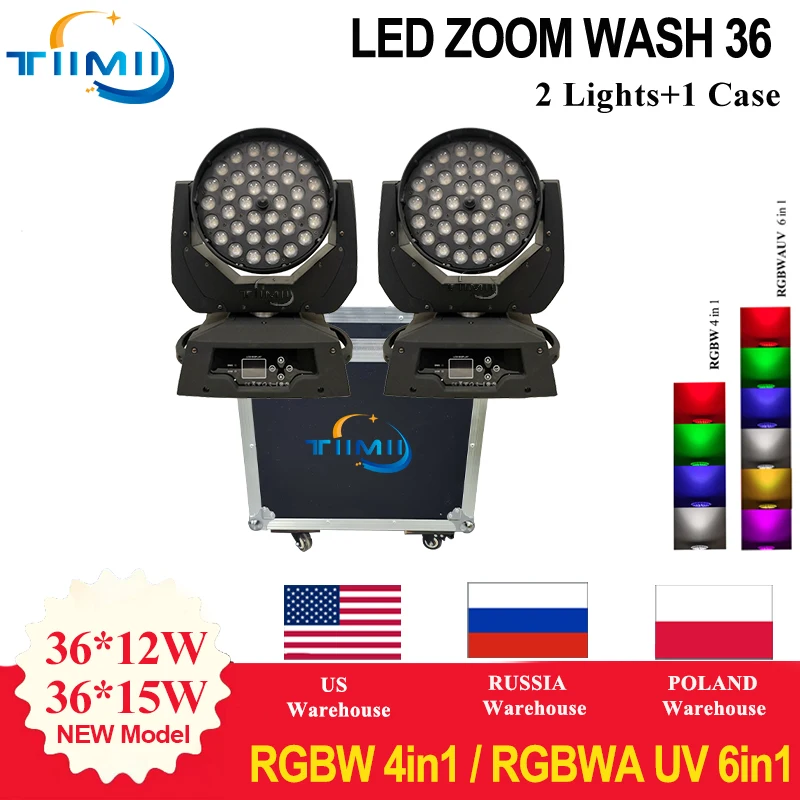 

1 Case 2Pcs LED Wash Zoom Moving Head Light 36x18W RGBWA+UV 6IN1 with Lyre 36x12W Wedding DMX DJ Disco Party Lights Flightcase