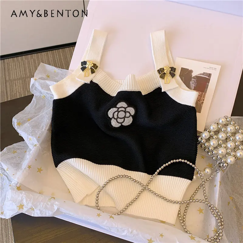 

2023 Summer Flower Vest Short Knitted Sling Camisole Women's Sleeveless Casual All-Matching Slim Fit Slimming Sexy Tank Top Vest