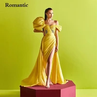 romantic asymmetrical yellow evening dresses satin half puff sleeves prom gowns 2022 high side silt for formal party dresses