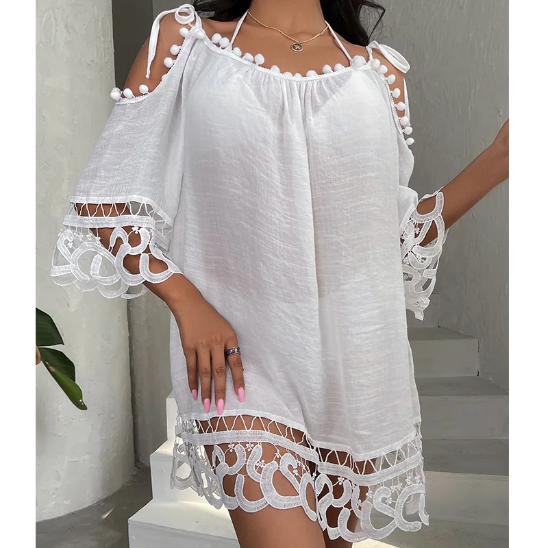 

Tassel Beach Cover Ups for Swimwear Women White Sleeve Cover-ups Black Lace Flounce Playa Mujer Halter Tunic Outlet New