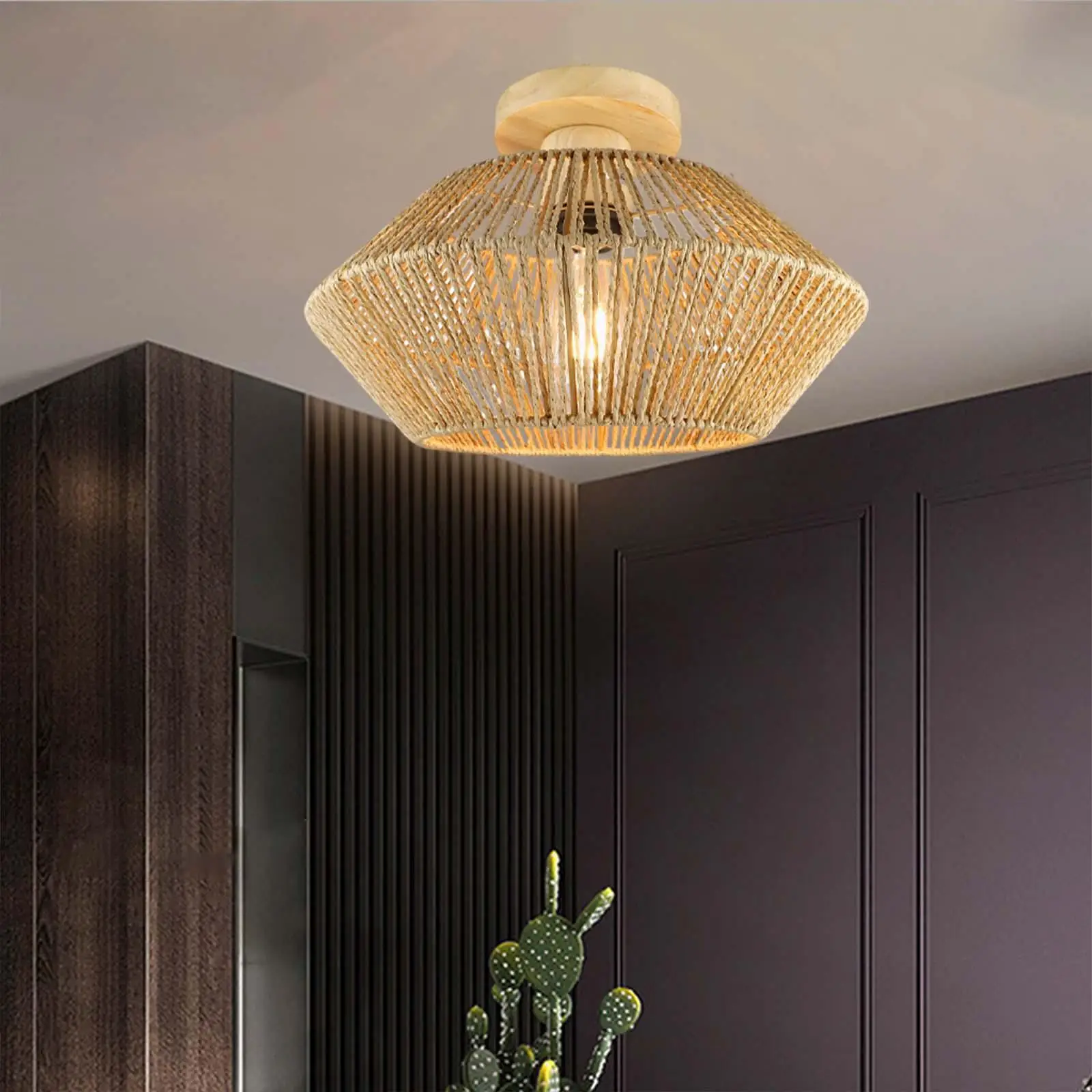

Rustic Rattan LED Ceiling Light Shade Hanging Light Fixture Retro Light Cover for Dining Room Bedroom Porch Office Decor