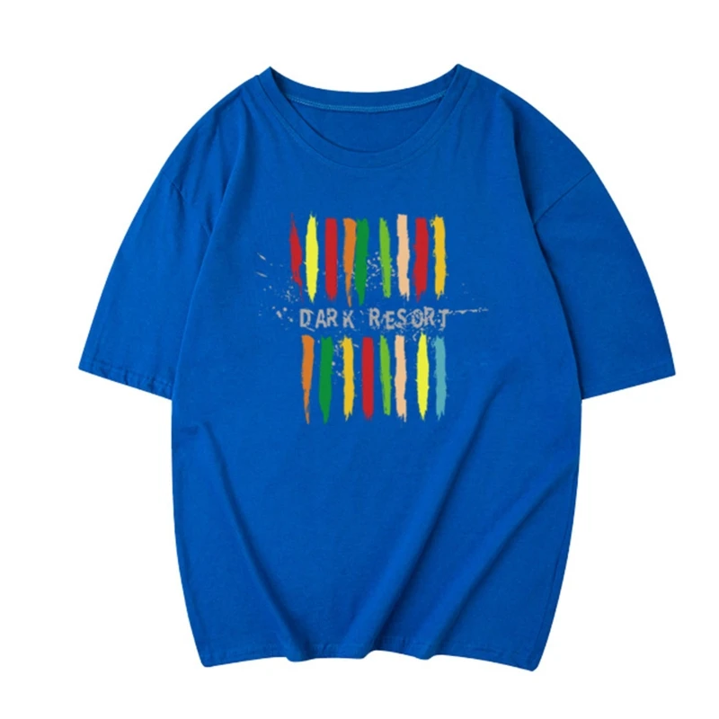 

Women Men Harajuku Short Sleeve Oversized T-Shirt Rainbow Striped Dark Resort Letters Graphic Casual Loose Pullover Tops