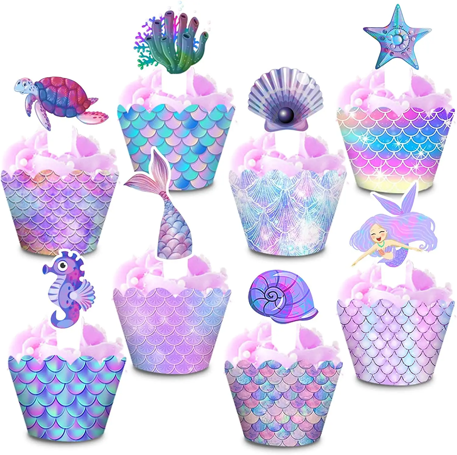 

48 Pcs Mermaid Cupcake Toppers Ocean Cupcake Wrappers Kit for Under The Sea Party Baby Shower Party Favors Cake decor