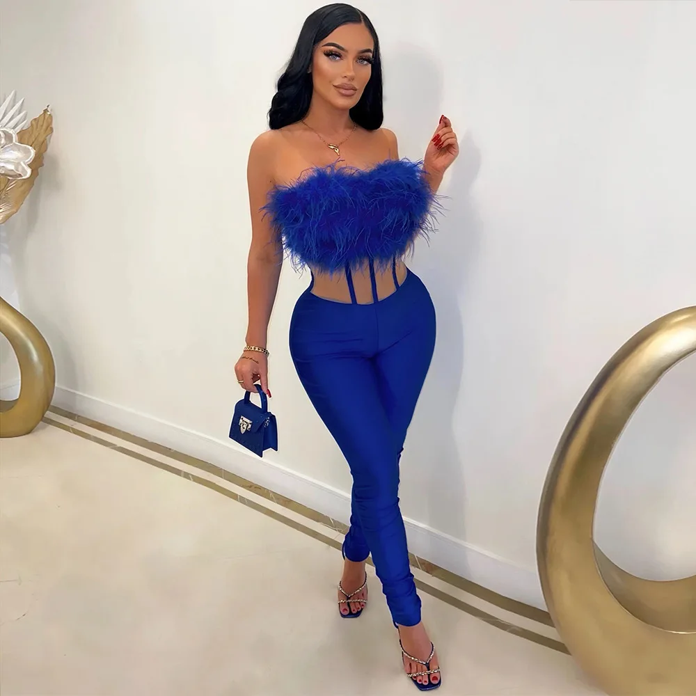 

Fashion Wrapped Chest Jumpsuits Sexy Feathers Collar Sleeveless High Waist Body-Shaping Overall Partywear Female Outfit