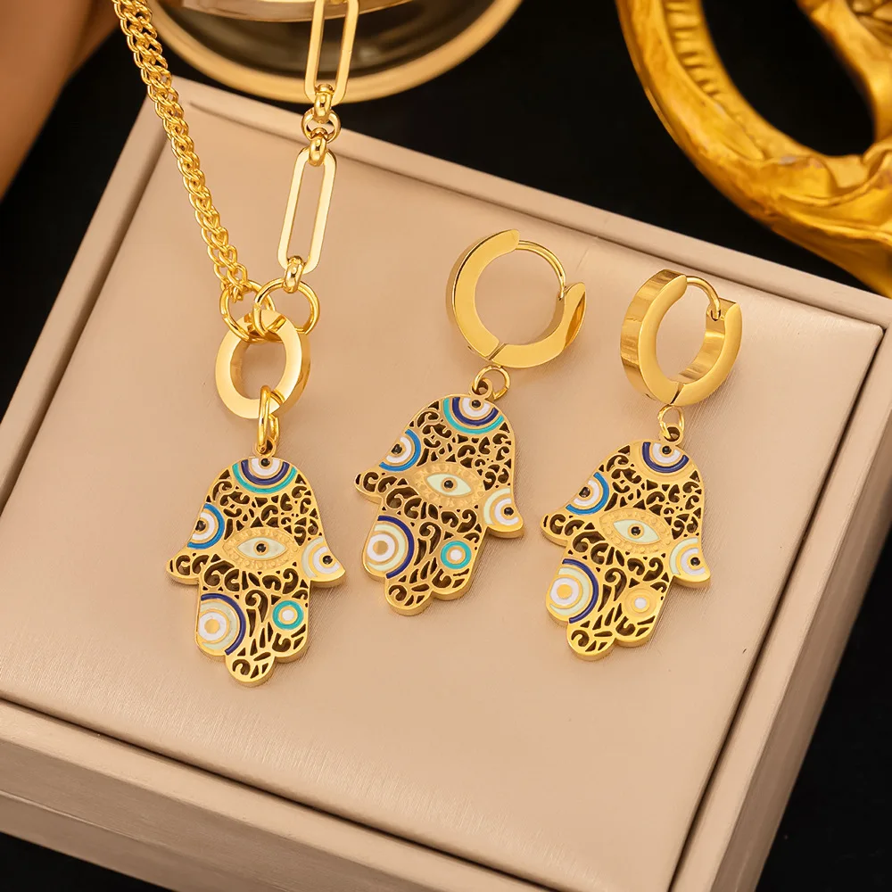 

Gold Color Luxury Jewelry Set for Women Punk Stainless Steel Turkey Wvil Eye Necklace Earrings Bracelet Gift Beautiful Box