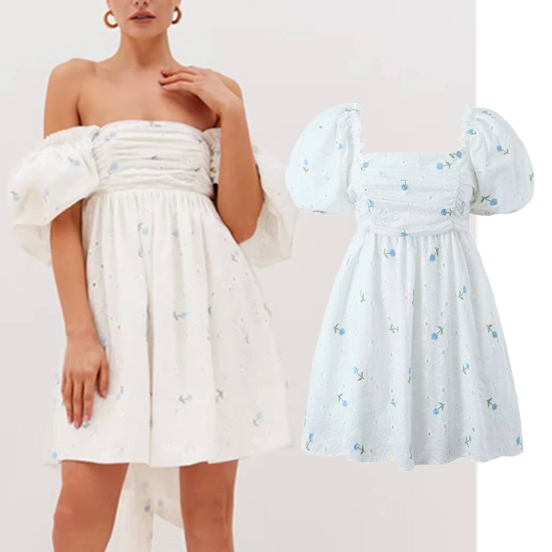 

Dave&Di Indie Folk Bohemian Style Vintage Floral Dress Embroidery Square Collar Casual Dress Women