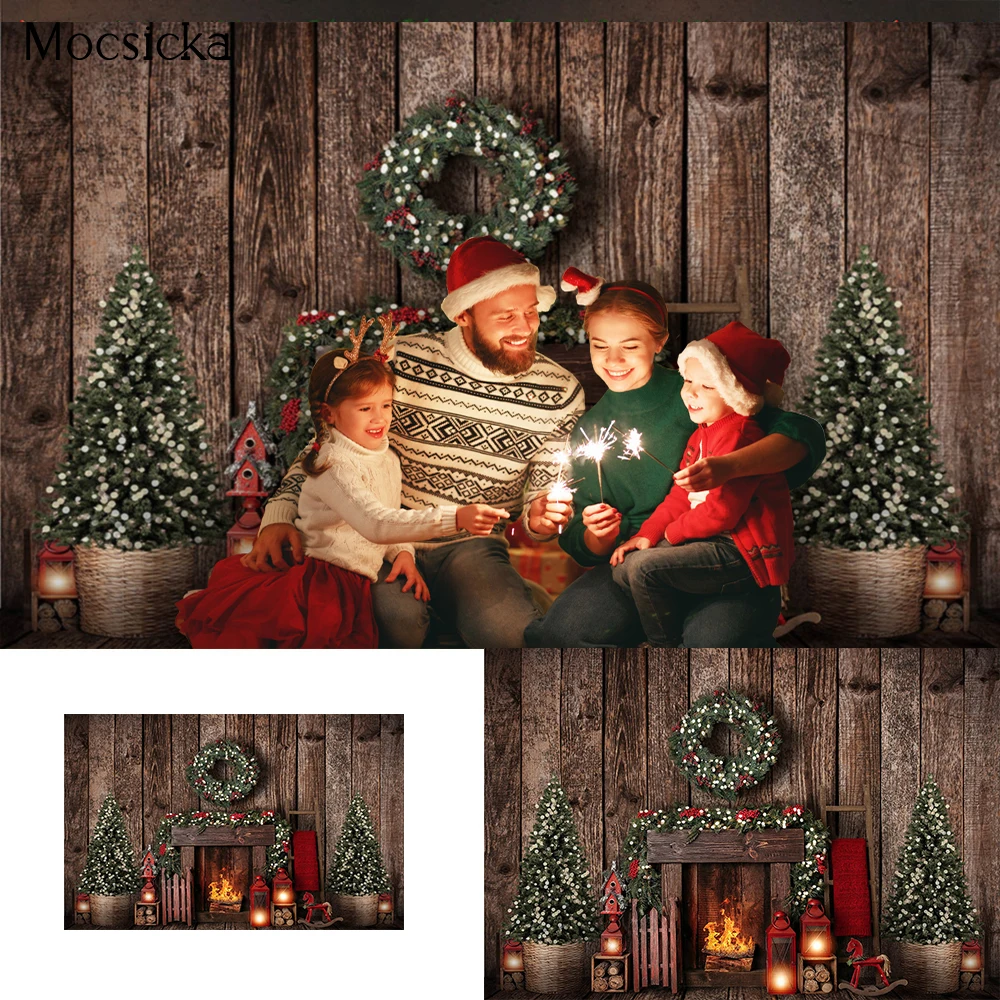 

Mocsicka Christmas Photography Backdrop Rustic Wood Fireplace Background For Photo Studio Winter Snowflake Photo Background