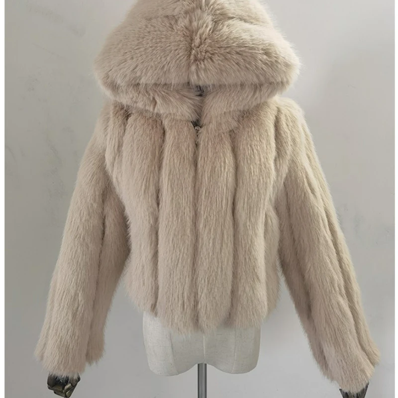 High Quality Furry Cropped Faux Fur Coats and Jakcets Women Fluffy Top Coat Hooded Winter Fur Jacket Zipper Warm Outerwear