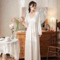 sexy lace splice cotton sleepwear victorian night dress women white long sleeve peignoir vintage nightgowns princess homewear