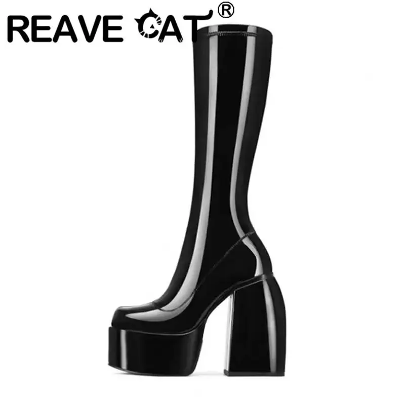 

Женские ботинки на платформе REAVE CAT, роскошные брендовые ботинки на толстом высоком каблуке с квадратным носком, привлекательные праздничны...