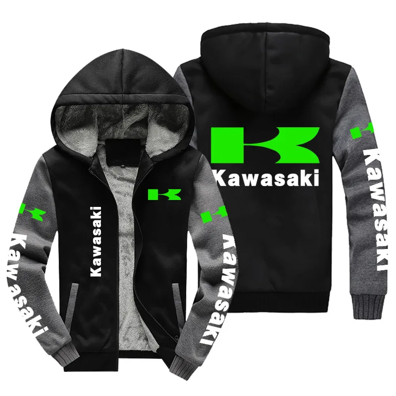 

New Winter Men Fashion High Quality Long Sleeve Kawasaki Logo Jacket Hoodies Casual Zipper Wool Liner Fleece Sweatshirts Coat