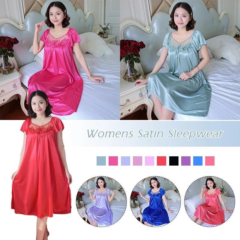 

Women Short Sleeve Ice Silk Nightdress Summer Thin Lace Embroider Nightgown Female Square Neck Solid Home Sleepwear