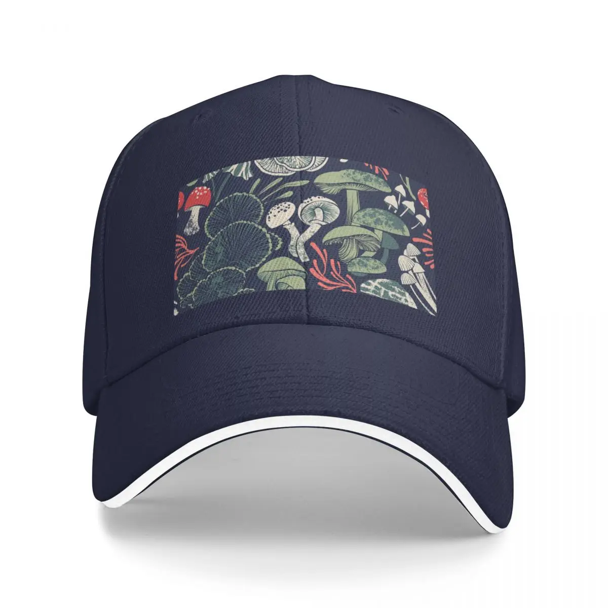 

New Mystical fungi /midnight blue background sage forest green red coral wild mushrooms Baseball Cap Golf Man hat Women