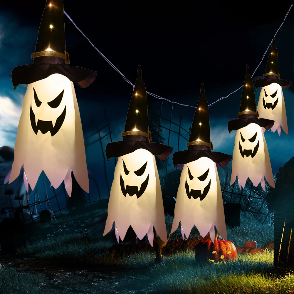 

1-2pcs LED Halloween Decoration Flashing Light Gypsophila Ghost Festival Dress Up Glowing Wizard Ghost Hat Lamp Hanging Lantern