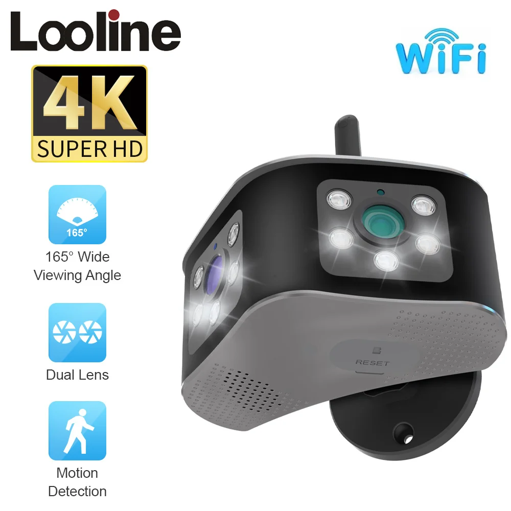 

Looline HD 4K 8MP WIFI Dual Lens Surveillance Cameras 180° Wide Viewing Angle CCTV Outdoor AI Human Detection Security Camera