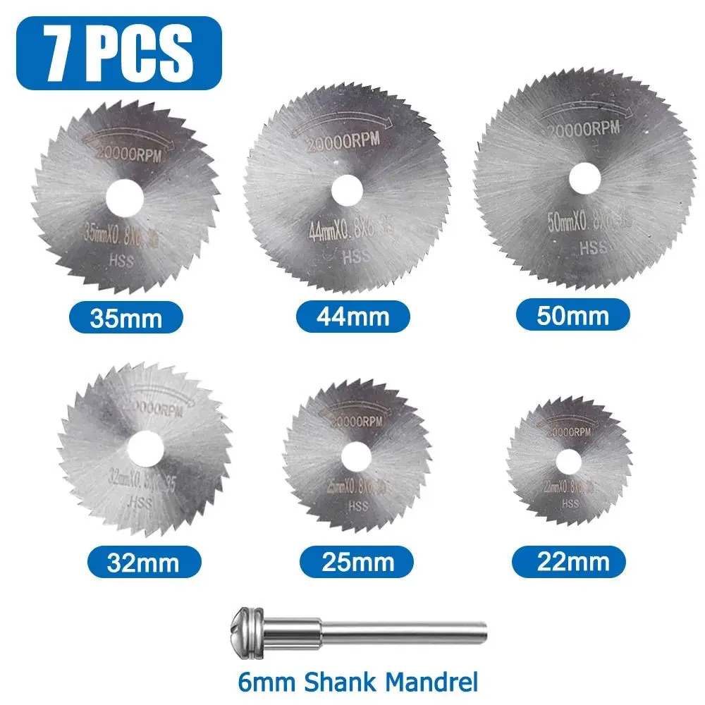 

STONEGO 7 шт. мини-набор полотен для циркулярной пилы из высокоскоростной стали 22 мм-50 мм с оправкой с хвостовиком 3,175 мм/6,0 мм для вращающегося инструмента