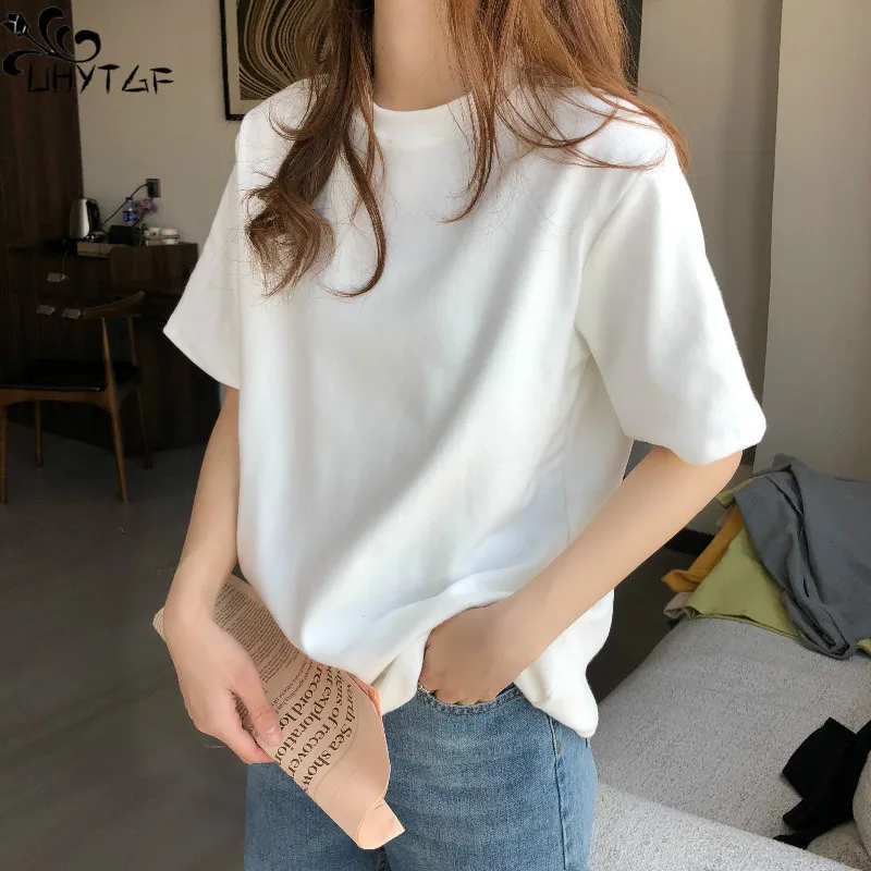 

UHYTGF White Short Sleeve T-Shirts Women's Summer Loose Solid Color Korean Version Crewneck Inside Match Outside Wear Female Top
