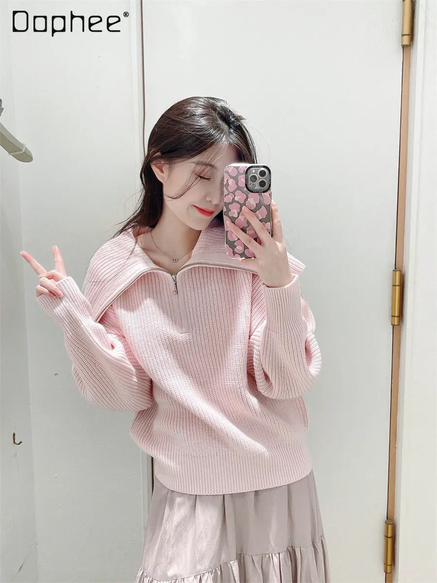 Autumn and Winter New Large Lapel Zipper Pullover Wool Sweater Top for Women Casual Knitted Sweater Pullover Tops for Ladies