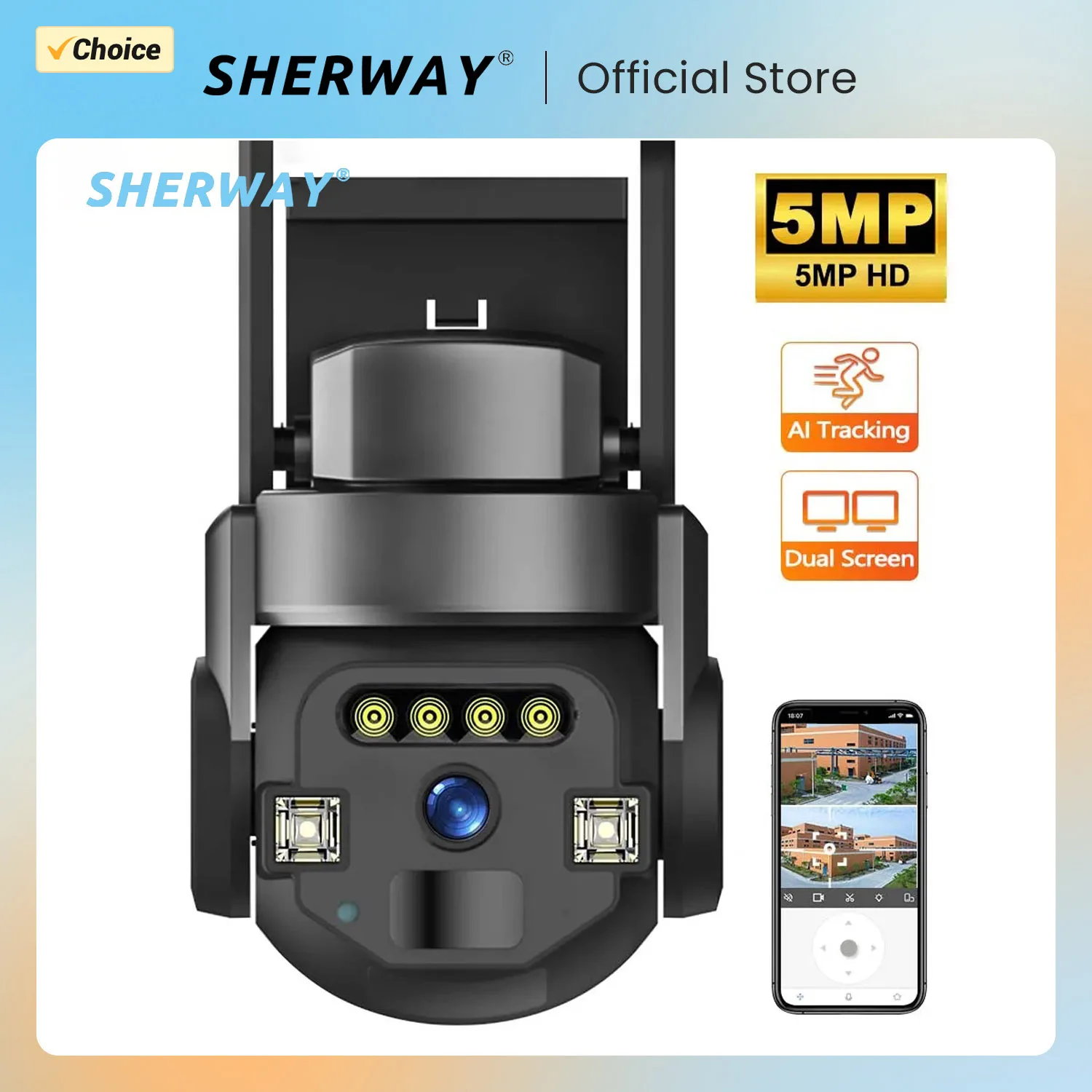 

Наружная водонепроницаемая IP-камера Sherway 5 МП, Wi-Fi, PTZ, система видеонаблюдения с двойным экраном для отслеживания людей