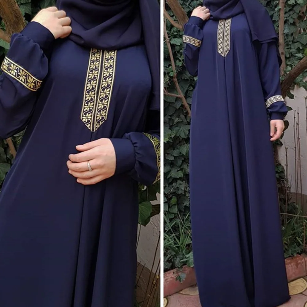 

Muslim Fashion Women Dress Round Neck Long Sleeve Print Loose Floor-Length Maxi Dress for Women