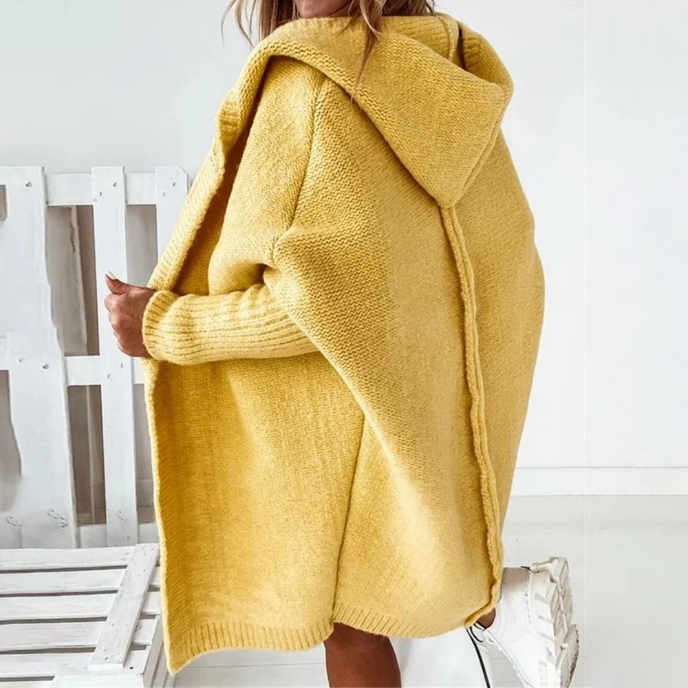 

Womens Sweater Cardigan Mid-length Loose Batwing Sleeve Hooded Coat Soft Warm Sheep Wool Knitting Autumn Winnter Jecket S-XL