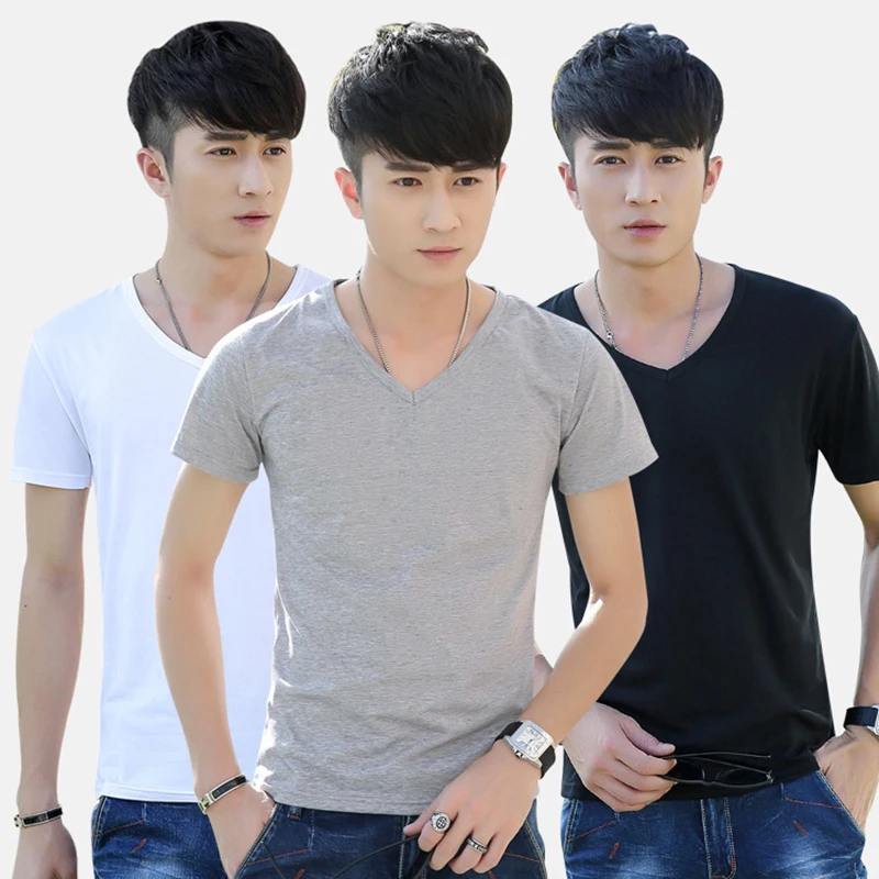

B8551 Fitness T-shirts Mens V neck Man T-shirt For Male Tshirts M-4XL Solid Color Basic Top
