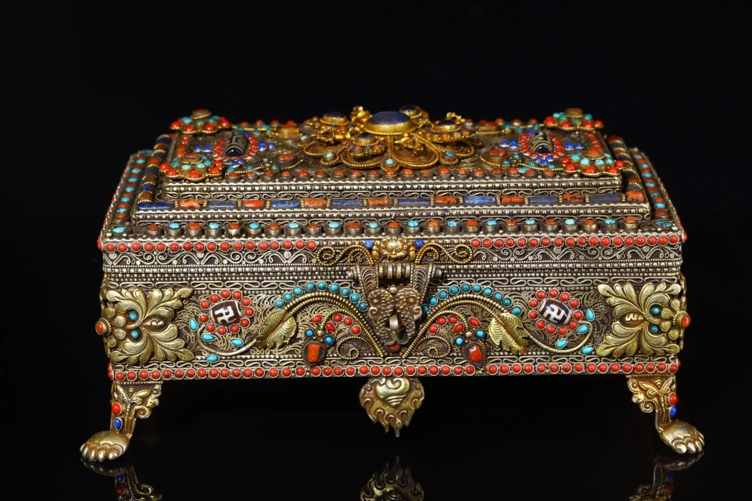 

Шкатулка для ювелирных изделий, коробка для хранения старого тибетского серебра с мозаикой из филиграни, 11 дюймов, украшение для дома в горо...