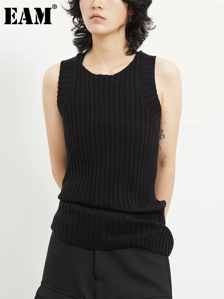 

[EAM] Women Black Knitting High Elastic Tank Tops New Round Neck Sleeveless Personality Fashion Tide Spring Summer 2023 1DF8331
