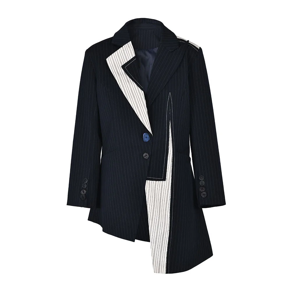 

SuperAen Heavy Industry Design Stripe Contrast Coat Women's Spring Autumn New Spliced Asymmetric Open Line Blazer