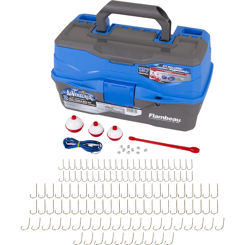 

Outdoors 6382FTK Adventurer 2-Tray Tackle Box 137-Piece Kit, Complete Starter Fishing Tackle Kit with Stringer, Hooks, Bobbers,