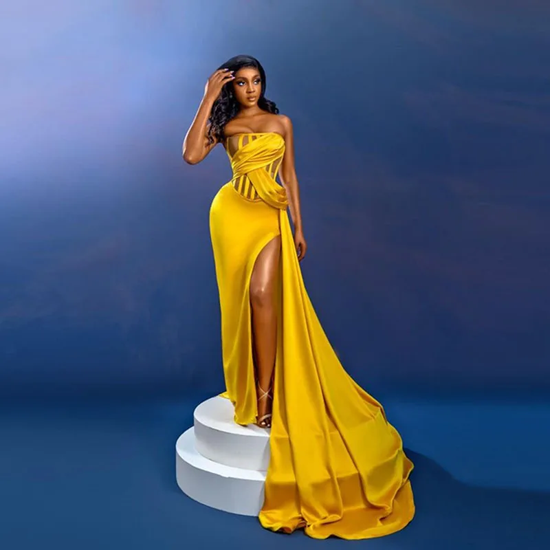 

Sexy Strapless Evening Gowns Yellow See Through Side High Split Prom Dresses Sweep Train Formal Party Dress Robe De Soiree