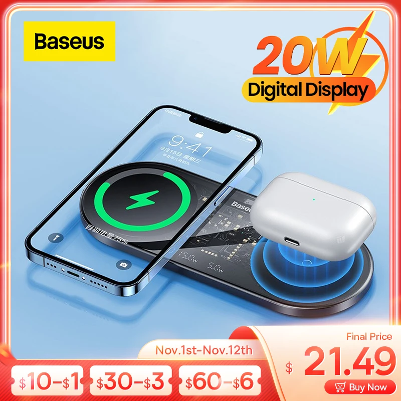 

Baseus 20 Вт Qi беспроводные зарядные устройства для iPhone 14/13/12 Pro Max Airpods цифровой светодиодный дисплей 2 в 1 Индукционная Быстрая зарядка Pad