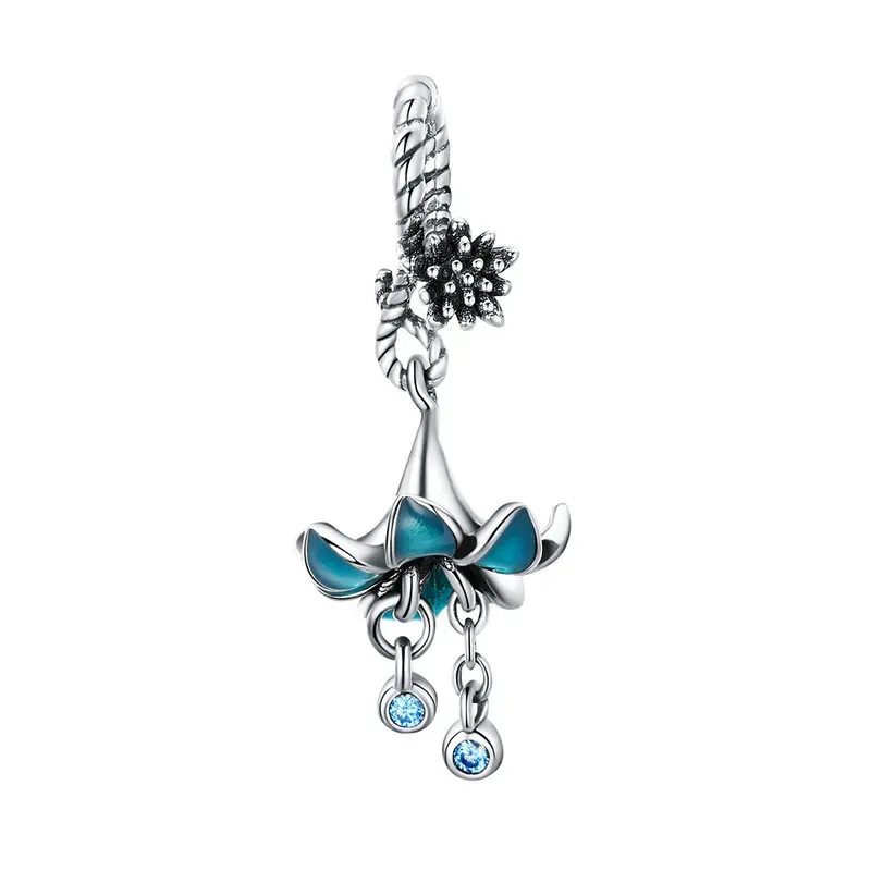 WOSTU Luxury 925 Sterling Silver Blue Flower Orchid Zircon Beads Fit Bracelet Pendant For Women Silver 925 Jewelry Making FNC034