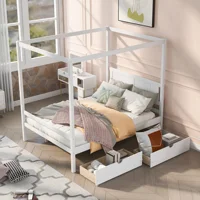 Home Modern Wooden Bedroom Furniture Beds Frames Bases Full Size Canopy Platform Bed Two Drawers With Slat Support Leg White